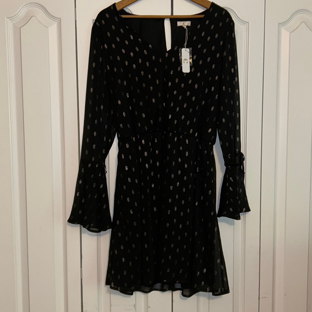 Black poka dot bell sleeve black dress, new with tags, size L